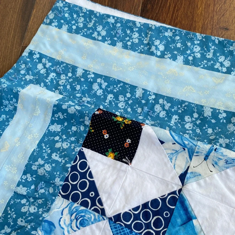 40”x44” Handmade Patchwork Knot Square Quilt Blue Florals Cotton